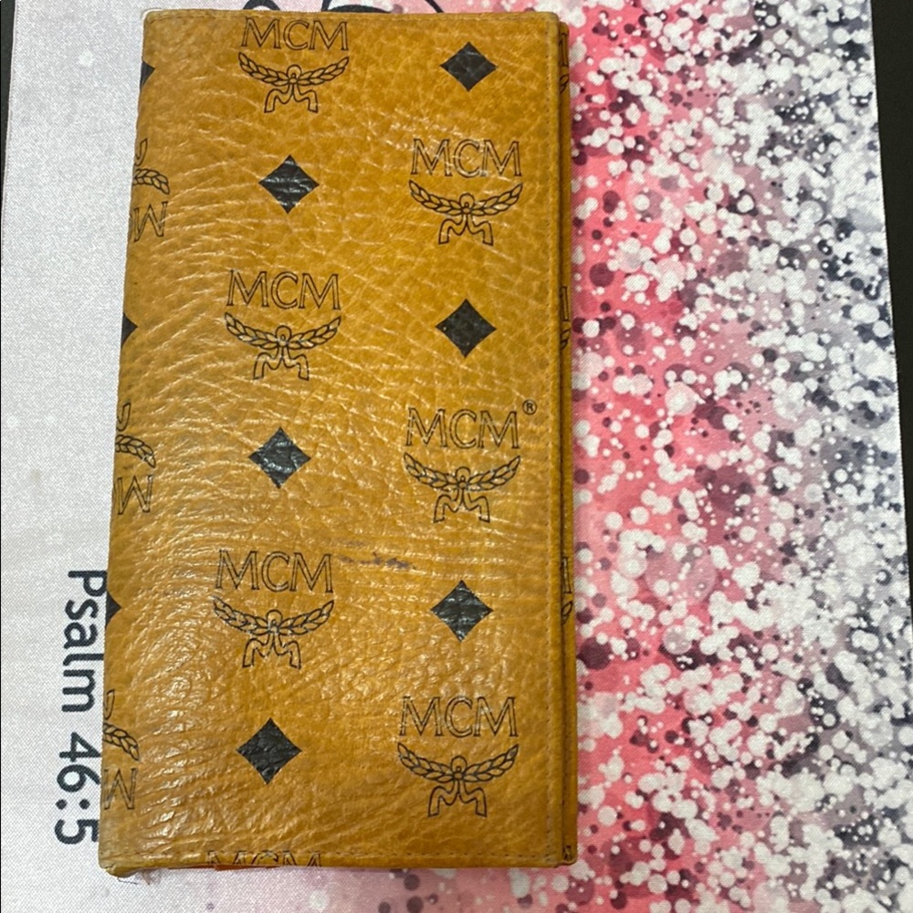 MCM Cognac Leather Wallet with Logo Pattern